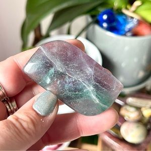 💜Polished Rainbow Fluorite Crystal Palm Stone Carving💜